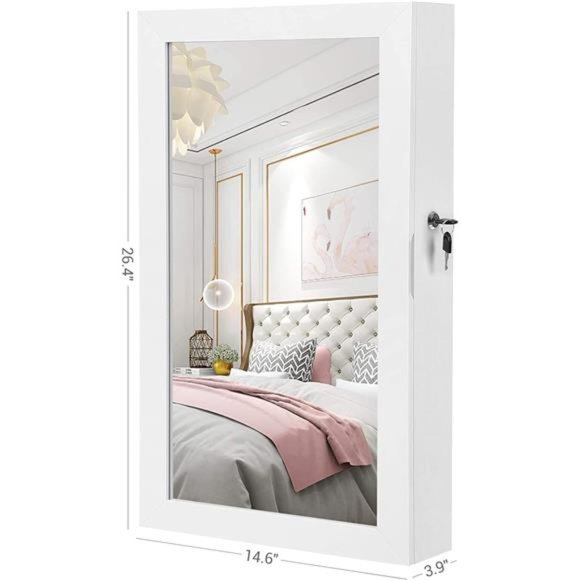 Lockable Jewelry Cabinet with Mirror, Wall-Mounted Space Saving Organizer, White - Picture 2 of 6